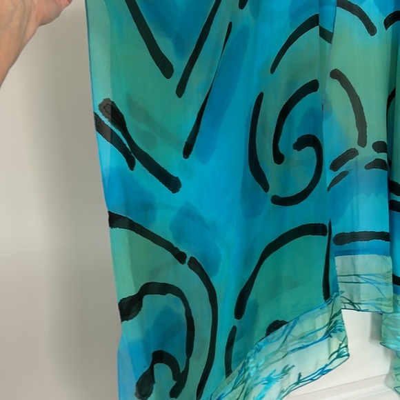 Hand-Painted Signed Open-Front Silk Kimono w Sheer Border Blue Green - Picture 7 of 12